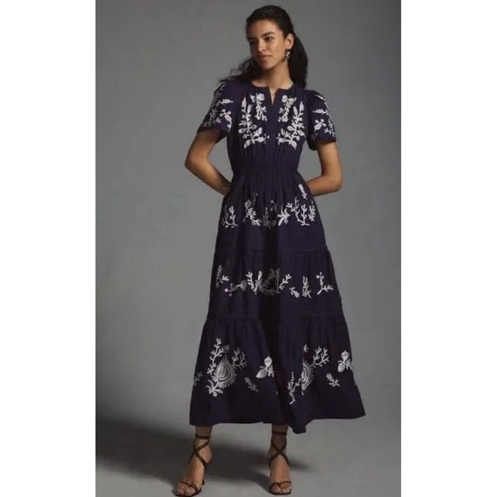 Anthropologie Somerset Maxi Dress XS Navy Blue‎ Embroidered Tiered Short Sleeve